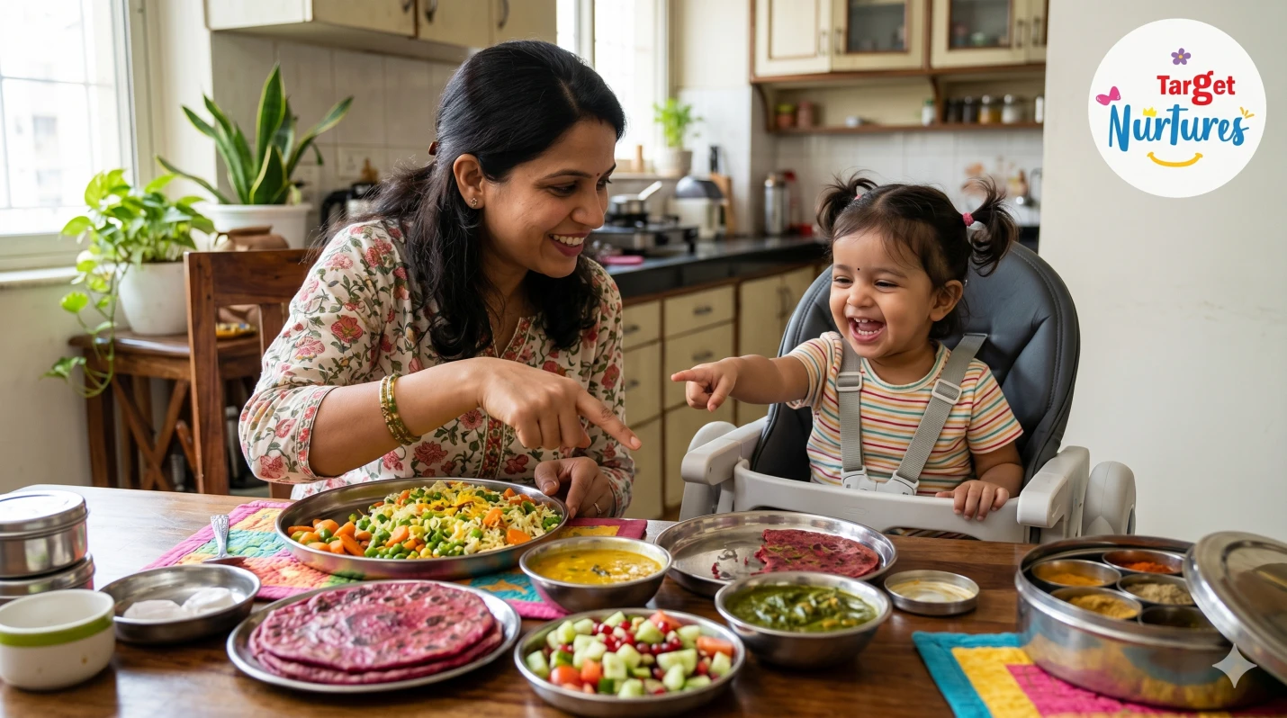 A toddler and parent at a dining table, parent pointing at food and smiling to encourage toddler speech development