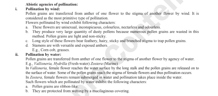 Notes explaining abiotic pollination by wind and water with examples and key characteristics