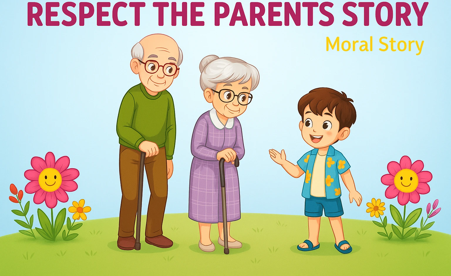 Illustration of a smiling boy talking to his grandparents, an elderly man and woman with walking sticks, surrounded by flowers, representing the moral story of respecting parents