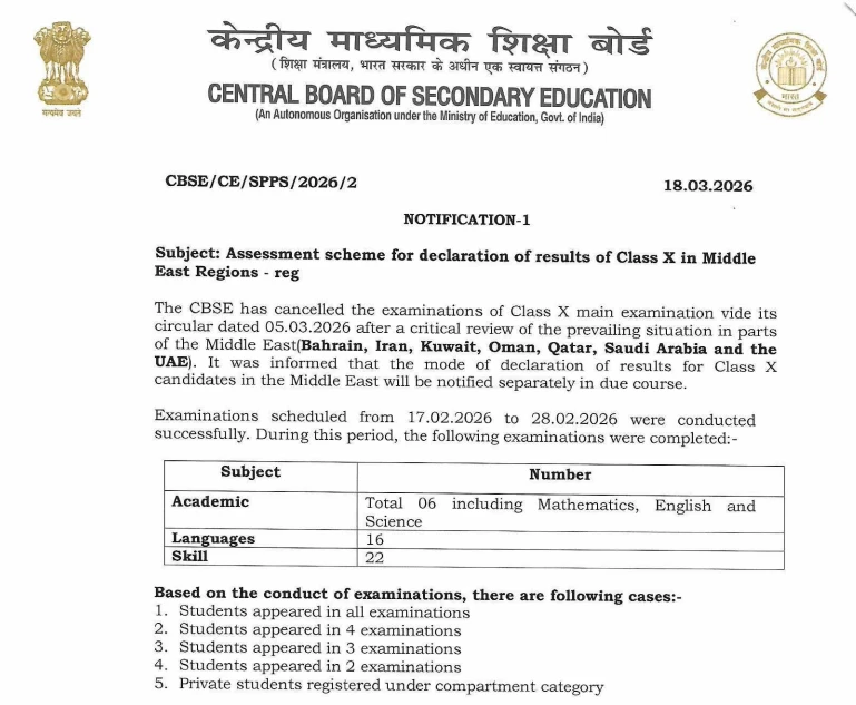 CBSE notification dated 18 March 2026 about assessment scheme for declaration of Class 10 results in Middle East regions