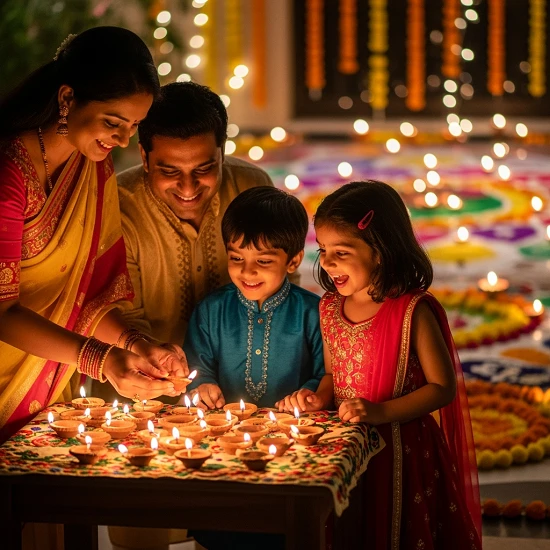 Indian family lighting diyas safely indoors; Diwali safety tips, safe Diwali tips, safety precautions for Diwali