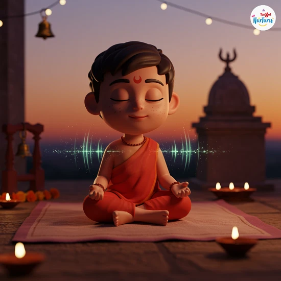 Indian child sitting cross-legged at sunset, chanting Om mantra with peaceful energy waves, warm tones, diya glowing in the background, promoting mindfulness and focus