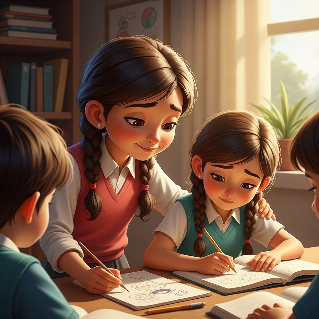 A kind older girl helps a younger girl draw, illustrating positive emotional development and connection