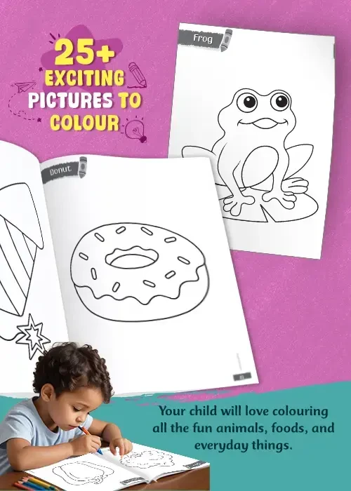 A toddler happily engaged in colouring a jumbo colouring book instead of using a screen
