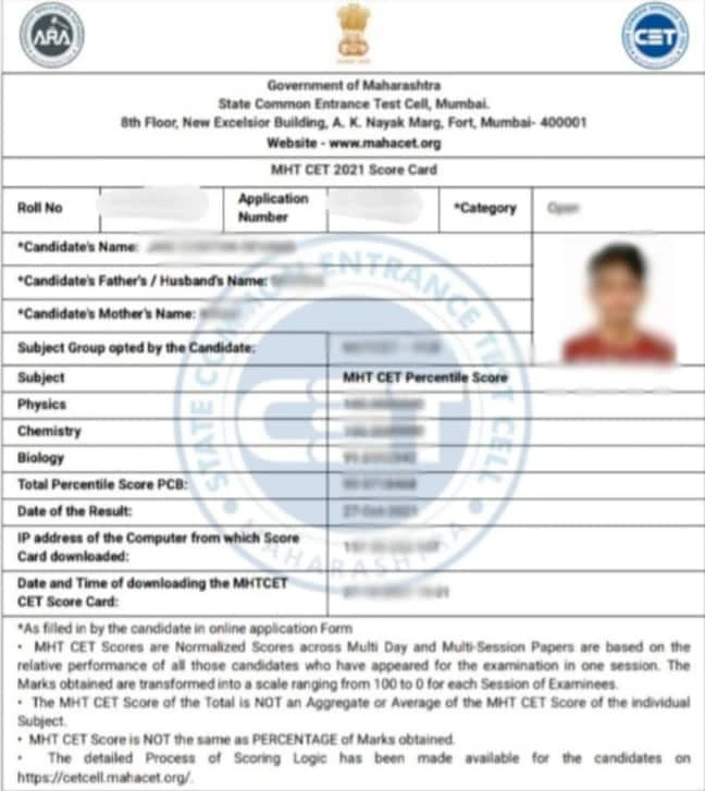 Sample of MHT CET scorecard issued by Maharashtra CET Cell